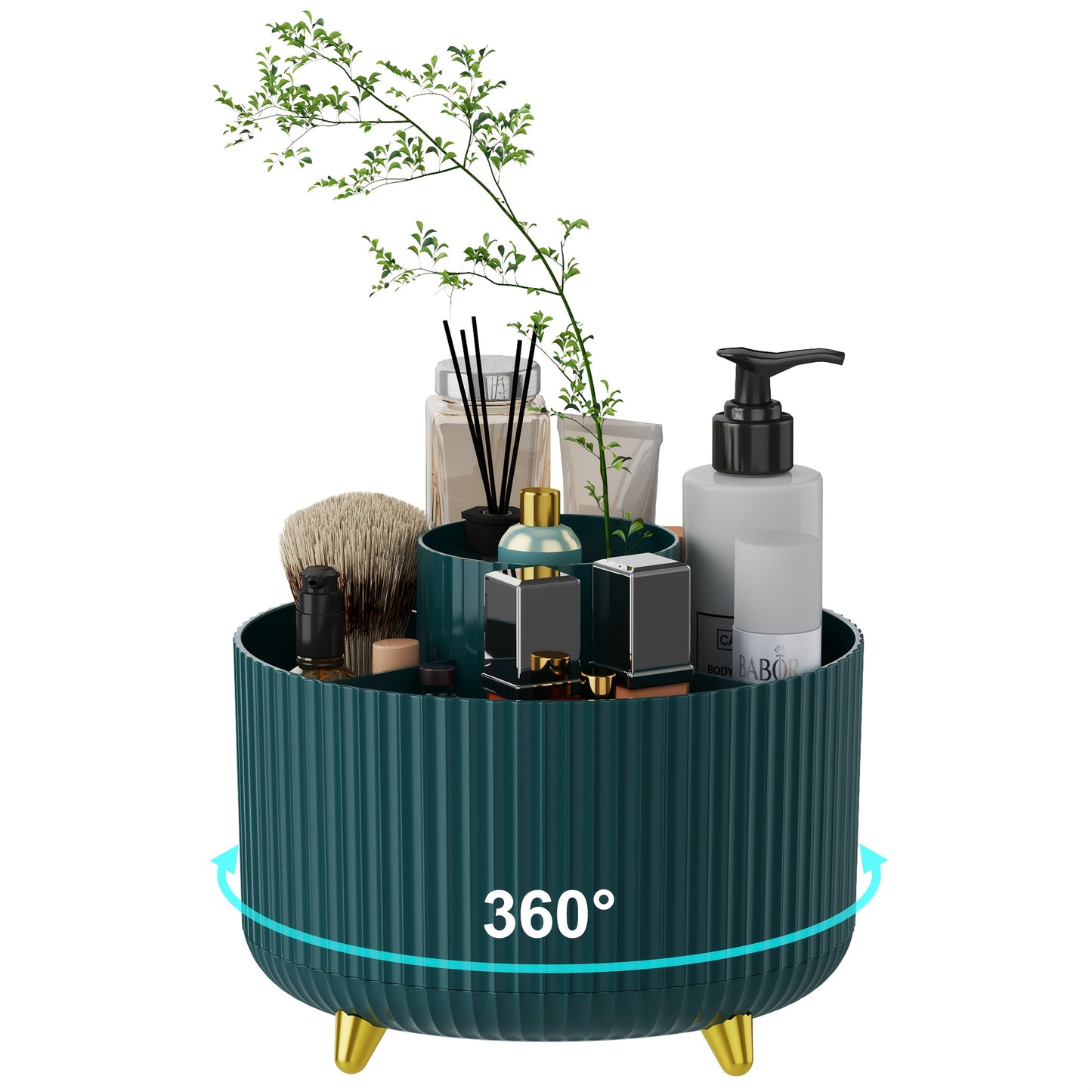 360° Rotating Makeup Organizer - 1pc Plastic Cosmetic Storage with 5 Compartments - Multi-Functional Holder for Brushes, Lipsticks, Skin Care Products, and Stationery - Durable Unscented Desk Caddy with Luxury Stripe Design
